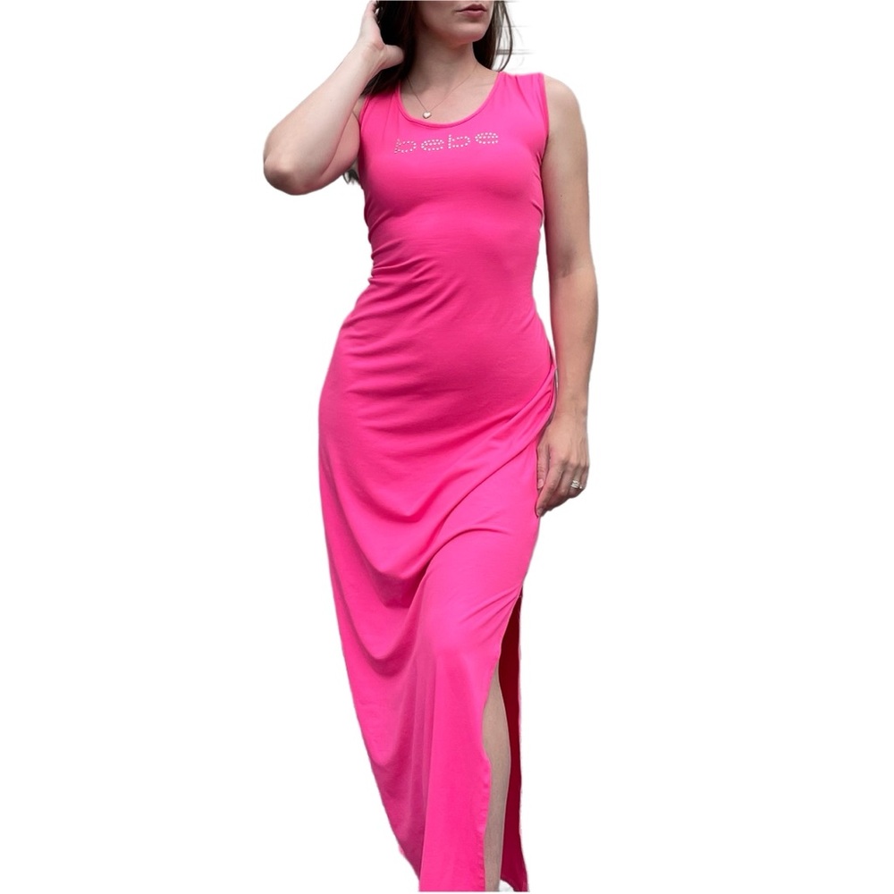 Bebe Y2K McBling Rhinestone Logo Hot Pink Maxi Tank Dress XLarge